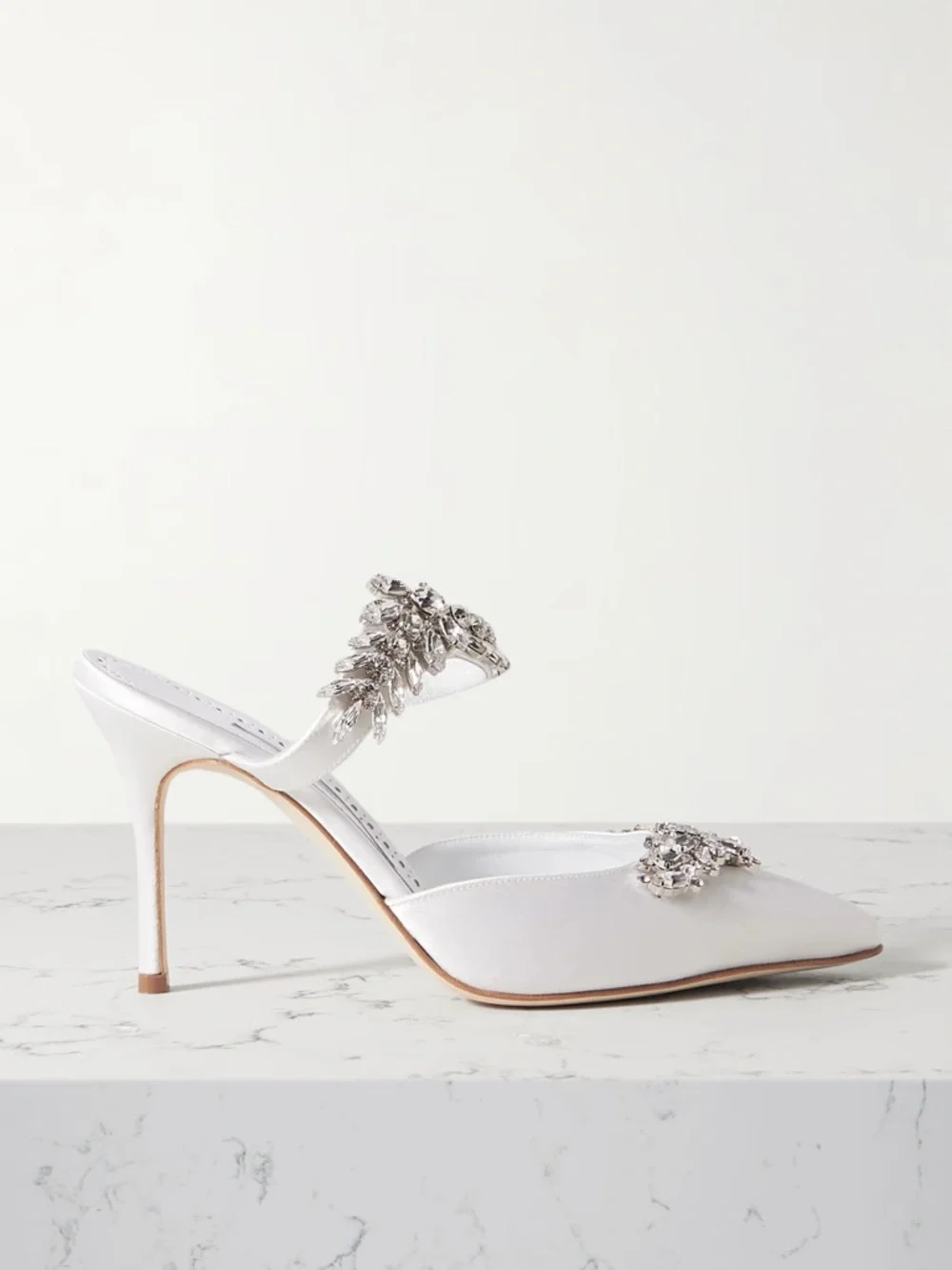 Manolo Blahnik White Lurum 90 crystal-embellished satin mules - Picture 2 of 15